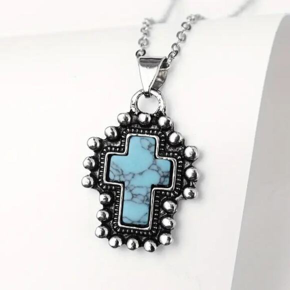 Turquoise Cross w/ 925 Silver Necklace Western Native Christian Birthday Gift - Picture 3 of 3